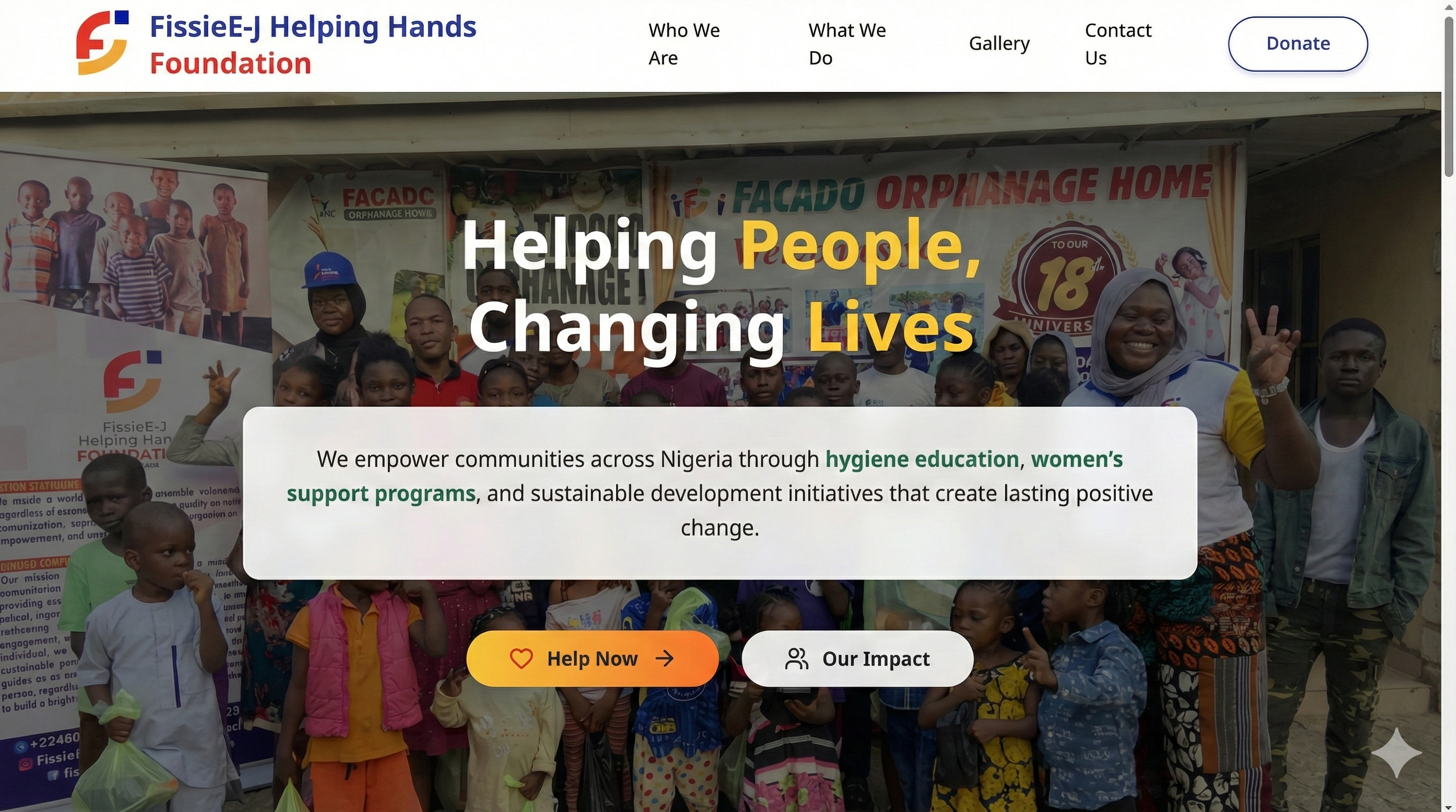 Fissie-EJ Helping Hands Foundation homepage hero section preview
