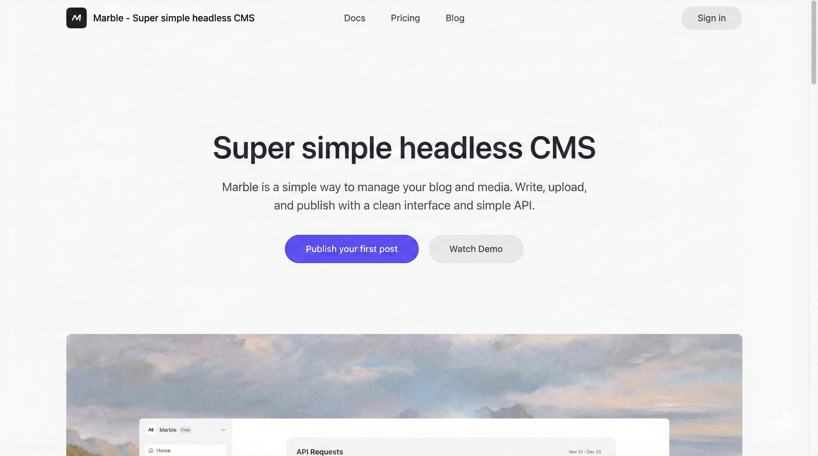 Marble CMS homepage hero section preview